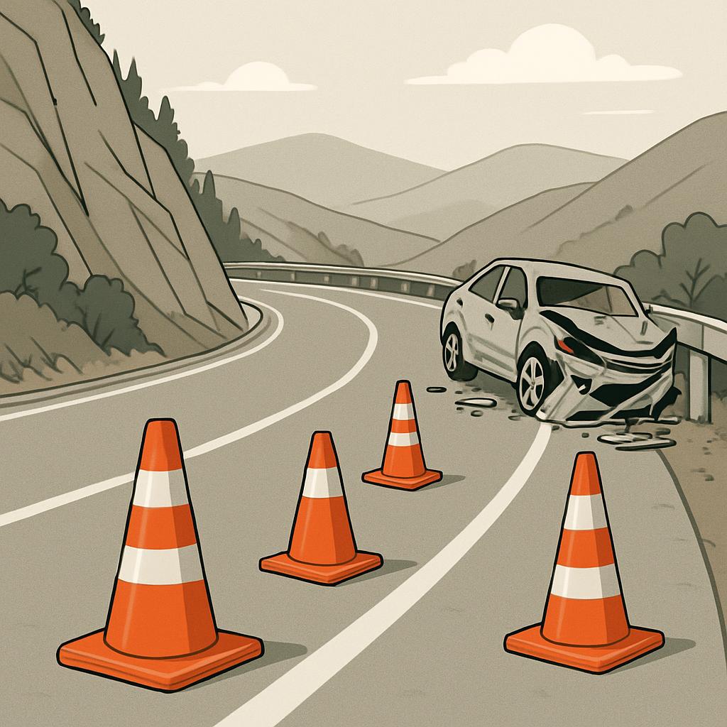 Image of a white car crashed into a barrier on a winding mountain road, surrounded by four orange traffic cones.