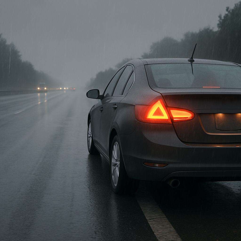 A dark-colored sedan car's brake lights are showing a red triangle signal as it continues to drive on a wet, empty highway...